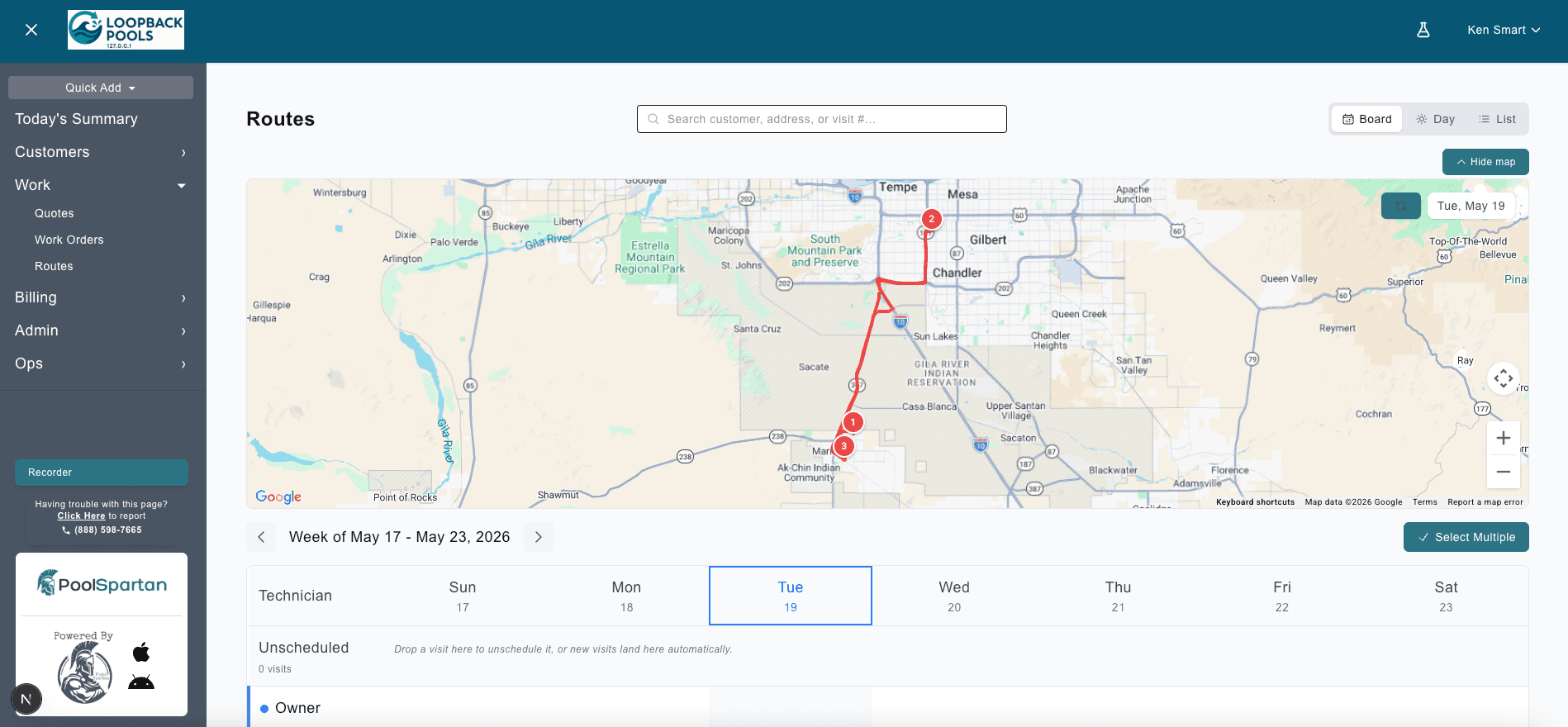 SpartanYard dashboard showing today's route on a map